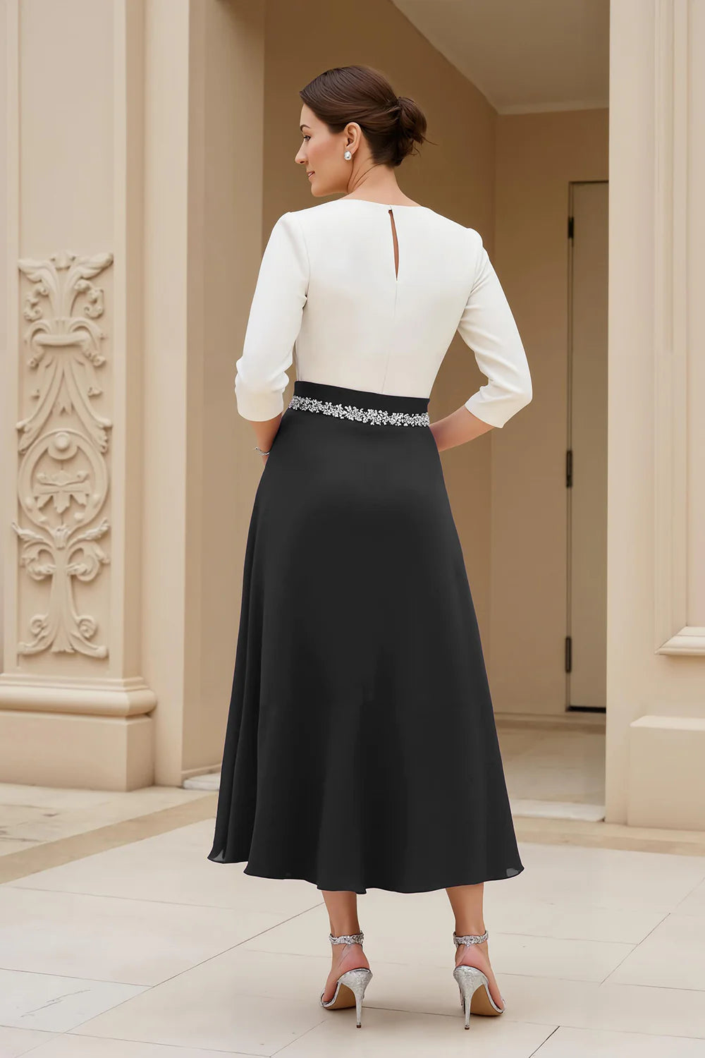 Elegant A Line Boat Neck Long Sleeve Scoop Back Tea-Length Mother of the Bride Dress