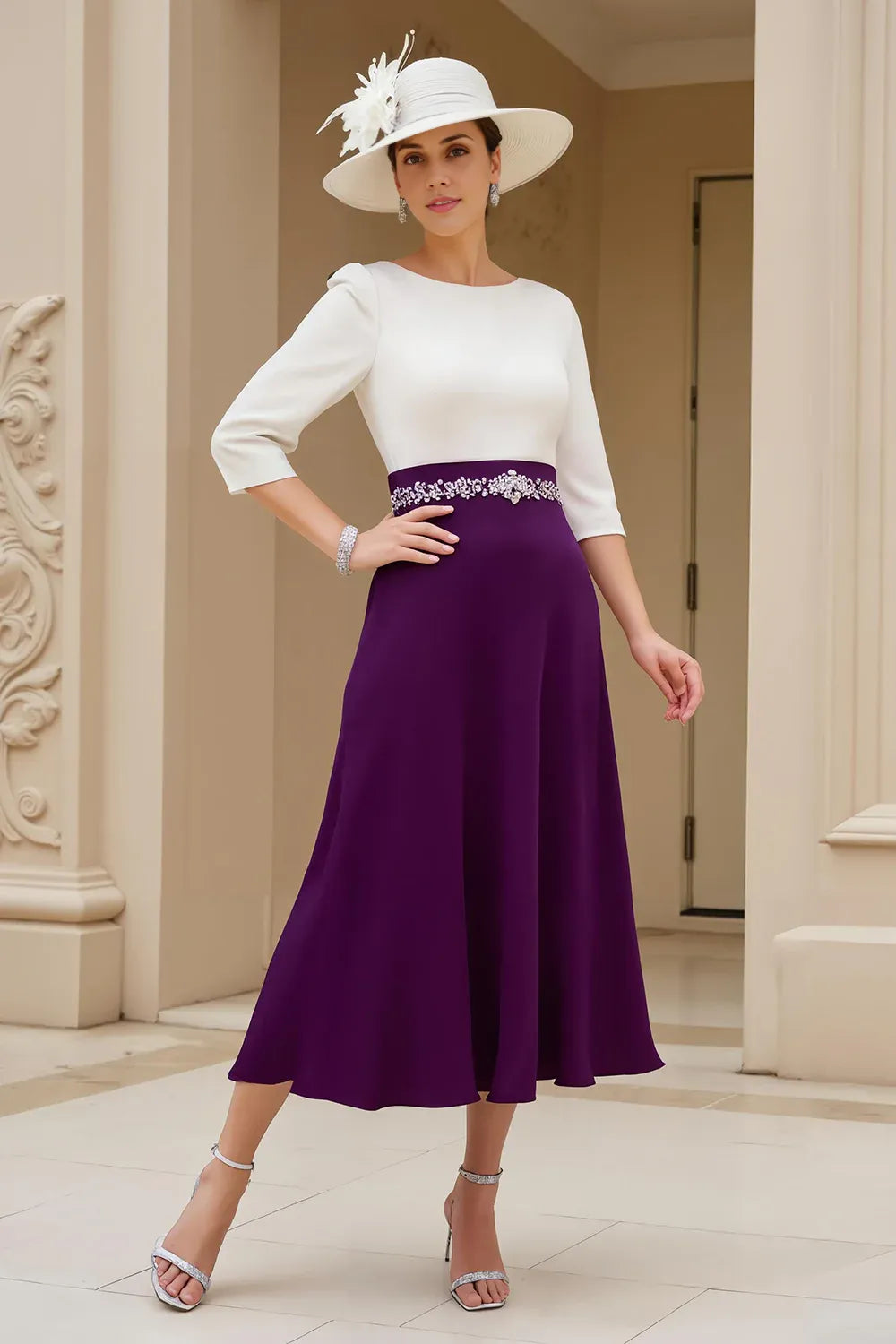 Elegant A Line Boat Neck Long Sleeve Scoop Back Tea-Length Mother of the Bride Dress