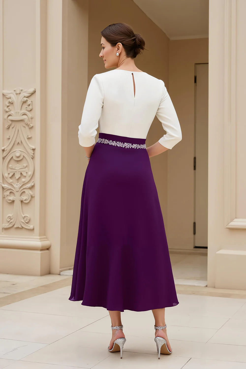 Elegant A Line Boat Neck Long Sleeve Scoop Back Tea-Length Mother of the Bride Dress