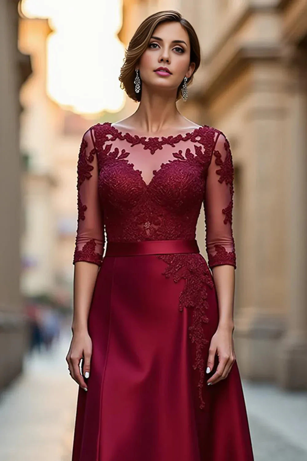 Elegant A Line Boat Neck Long Sleeve Zipper Up Floor-Length Mother of the Bride Dress