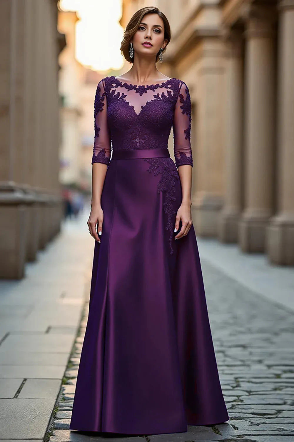Elegant A Line Boat Neck Long Sleeve Zipper Up Floor-Length Mother of the Bride Dress