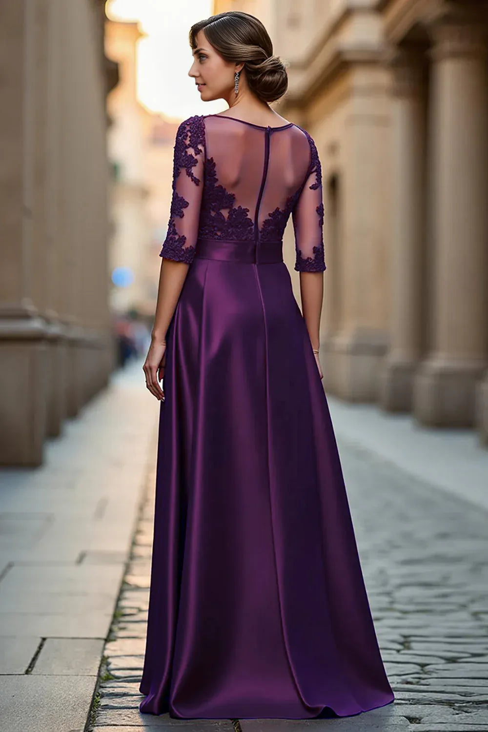 Elegant A Line Boat Neck Long Sleeve Zipper Up Floor-Length Mother of the Bride Dress