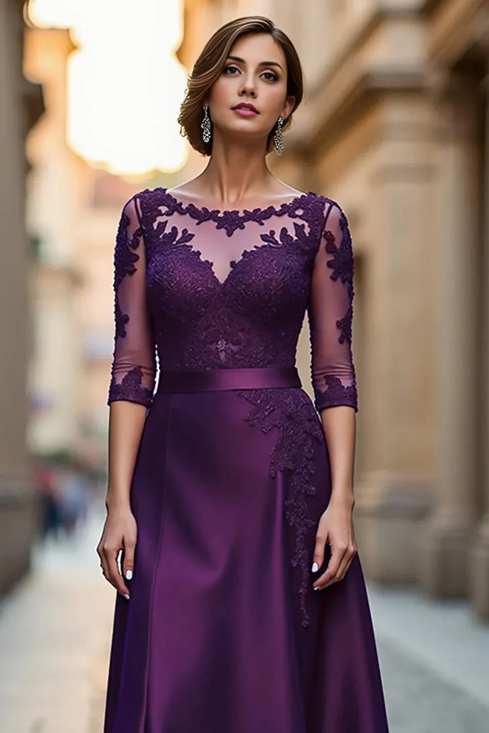 Elegant A Line Boat Neck Long Sleeve Zipper Up Floor-Length Mother of the Bride Dress