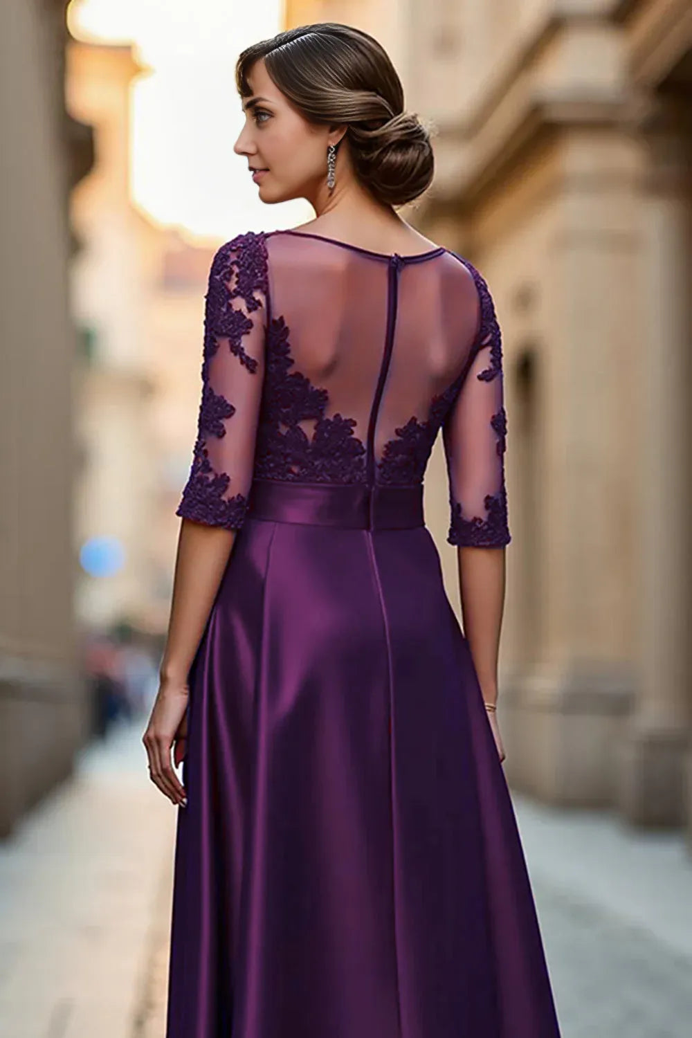 Elegant A Line Boat Neck Long Sleeve Zipper Up Floor-Length Mother of the Bride Dress