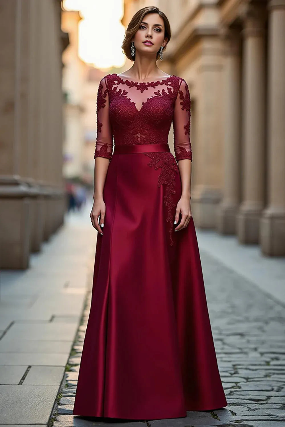Elegant A Line Boat Neck Long Sleeve Zipper Up Floor-Length Mother of the Bride Dress