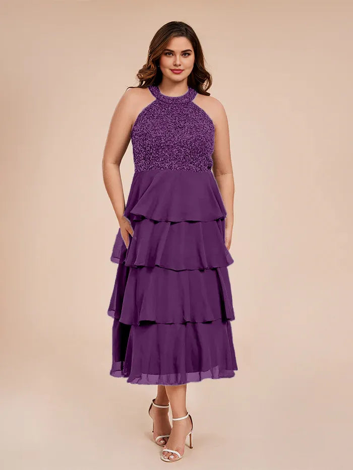 Elegant A Line Halter-Neck Sleeveless Chiffon Tea Length Plus Size Mother of the Bride Dress