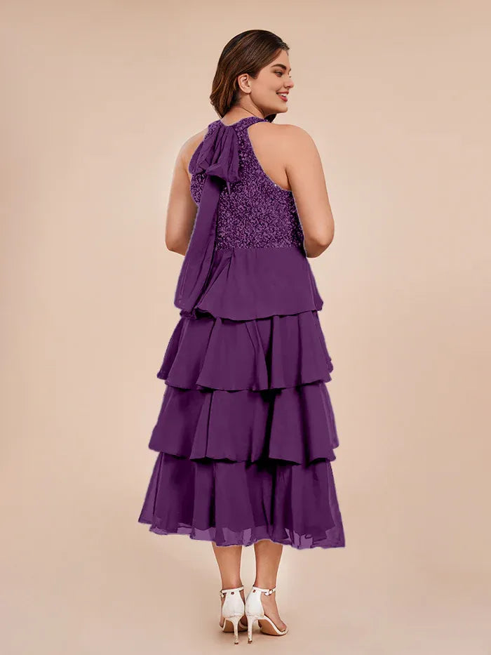 Elegant A Line Halter-Neck Sleeveless Chiffon Tea Length Plus Size Mother of the Bride Dress