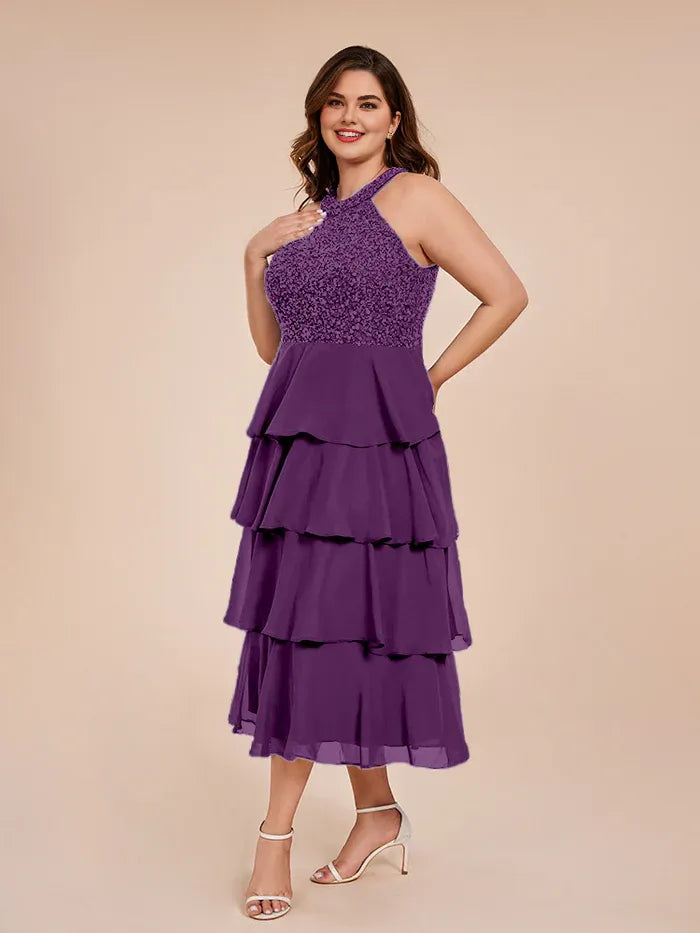 Elegant A Line Halter-Neck Sleeveless Chiffon Tea Length Plus Size Mother of the Bride Dress