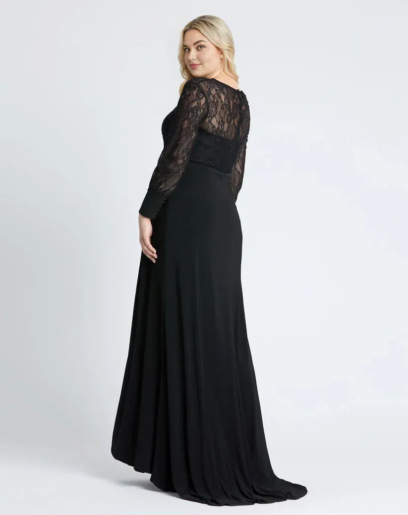 Elegant A Line High Neck Long Sleeve Zipper Up Sweep/Brush Train Plus Size Mother of the Bride Dress