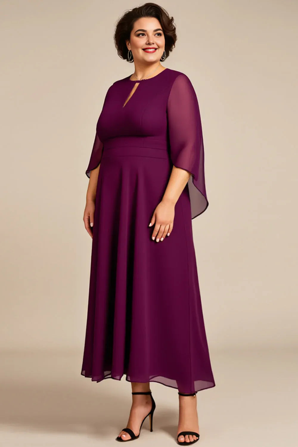 Elegant A Line Hight Neck Long Sleeves Zipper Up Ankle-Length Plus Size Mother of the Bride Dress