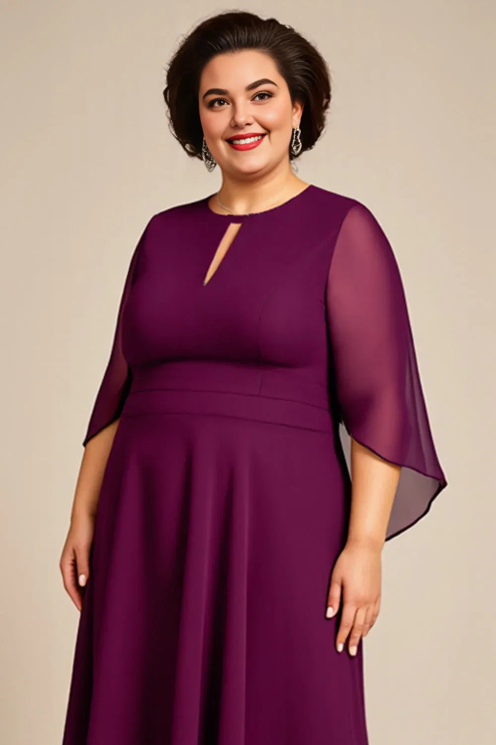 Elegant A Line Hight Neck Long Sleeves Zipper Up Ankle-Length Plus Size Mother of the Bride Dress