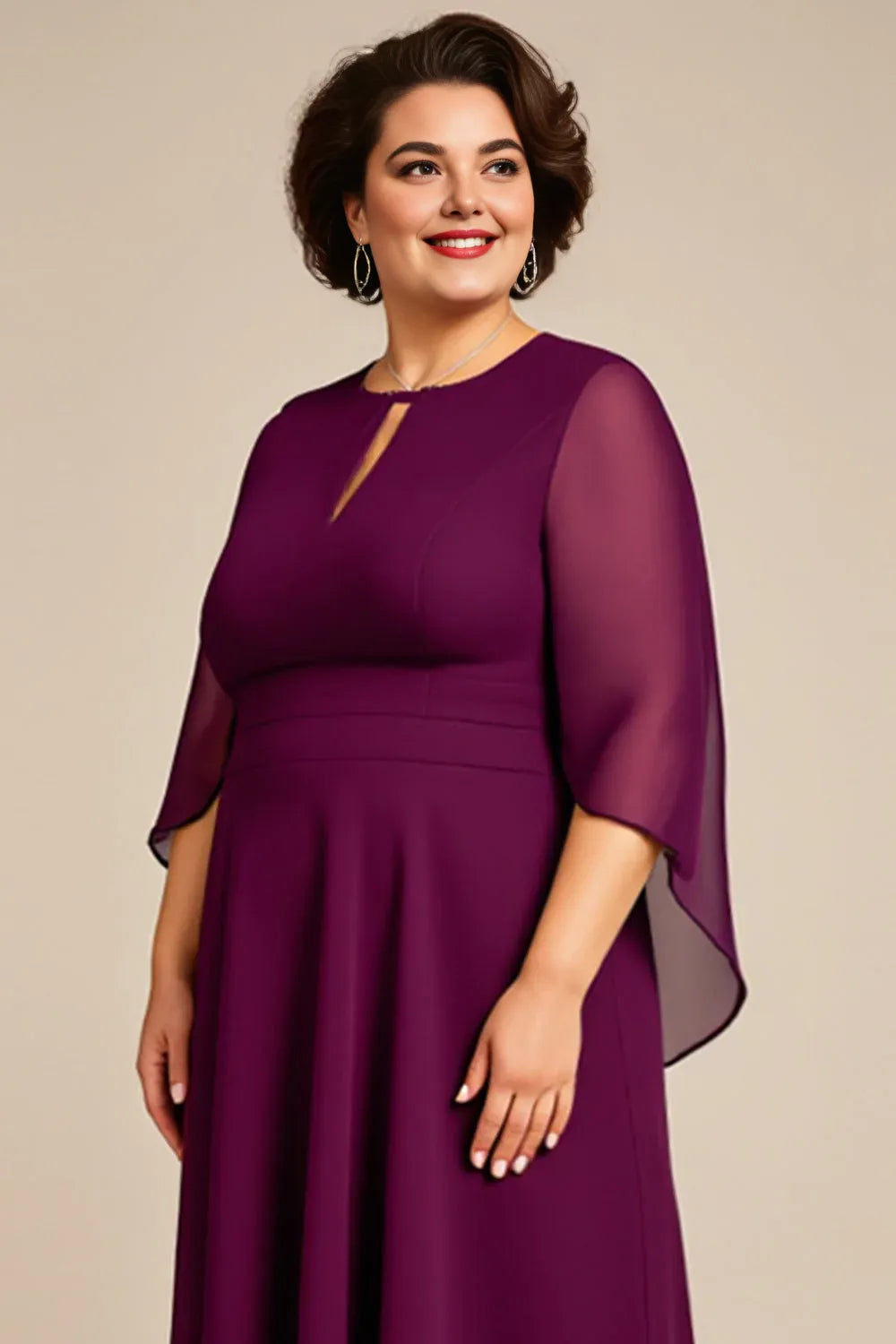 Elegant A Line Hight Neck Long Sleeves Zipper Up Ankle-Length Plus Size Mother of the Bride Dress