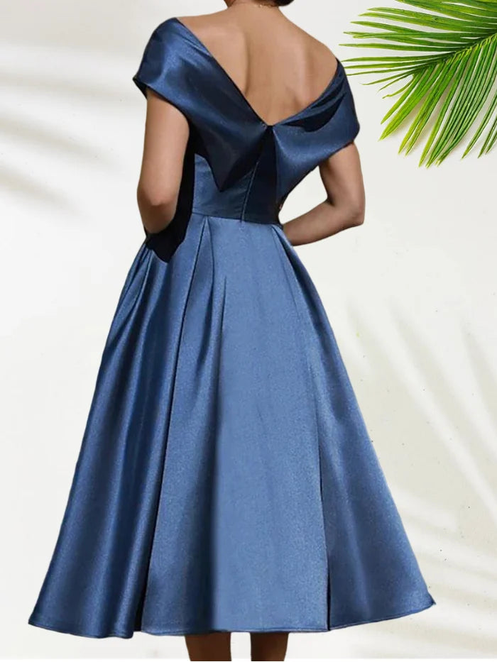 Elegant A Line Off the Shoulder Cap Sleeves Satin Tea Length Mother of the Bride Dress
