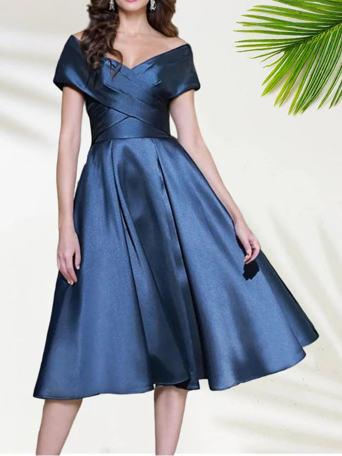 Elegant A Line Off the Shoulder Cap Sleeves Satin Tea Length Mother of the Bride Dress