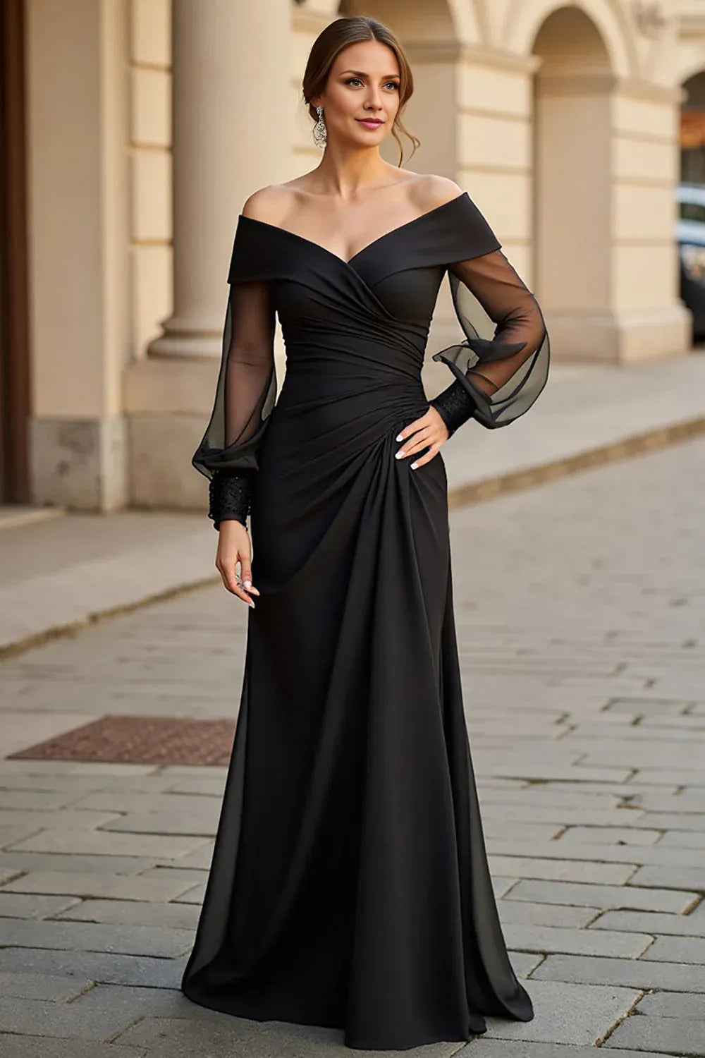 Elegant A Line Off the Shoulder Long Sleeve Open Back Floor-Length Mother of the Bride Dress