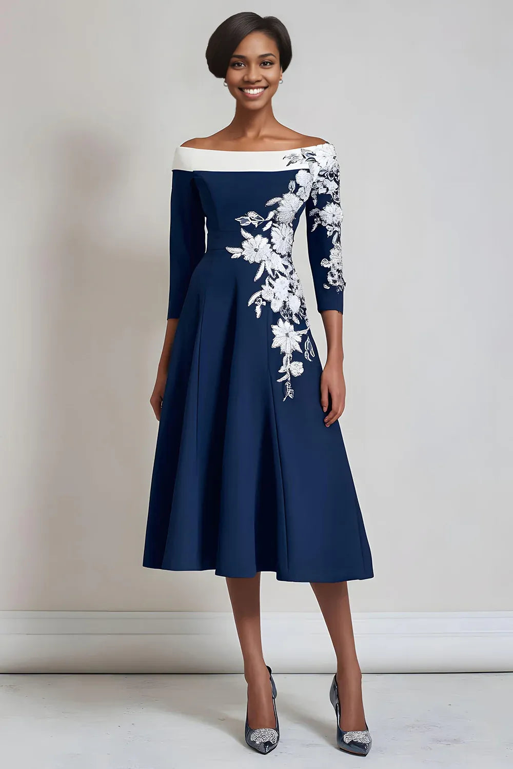 Elegant A Line Off the Shoulder Long Sleeves Lace Up Tea-Length Mother of the Bride Dress