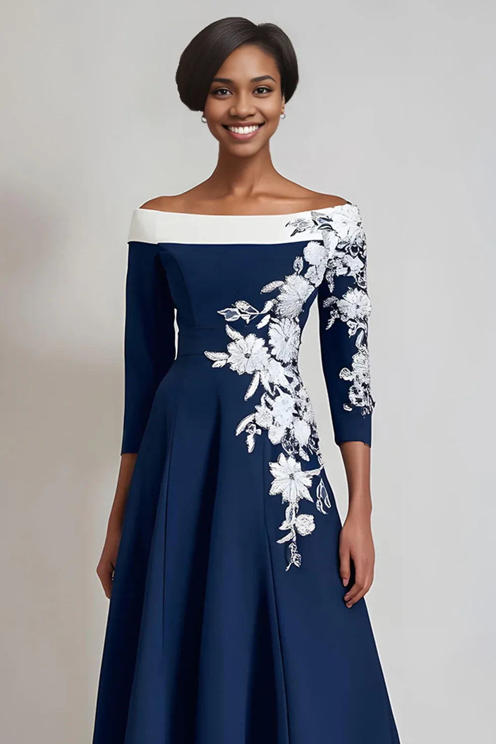 Elegant A Line Off the Shoulder Long Sleeves Lace Up Tea-Length Mother of the Bride Dress
