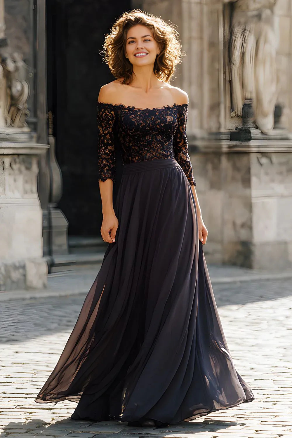 Elegant A Line Off the Shoulder Long Sleeves Zipper Up Floor-Length Mother of the Bride Dress