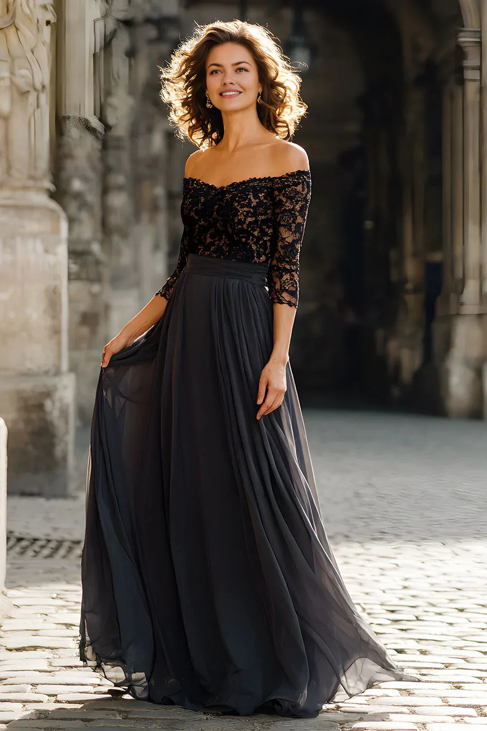 Elegant A Line Off the Shoulder Long Sleeves Zipper Up Floor-Length Mother of the Bride Dress