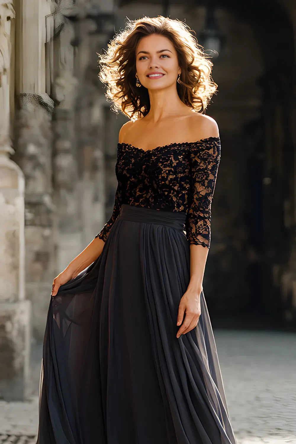 Elegant A Line Off the Shoulder Long Sleeves Zipper Up Floor-Length Mother of the Bride Dress