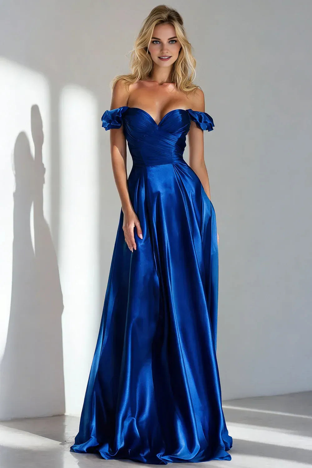 Elegant A Line Off the Shoulder Sleeveless Backless Ruched Floor-Length Prom Dress