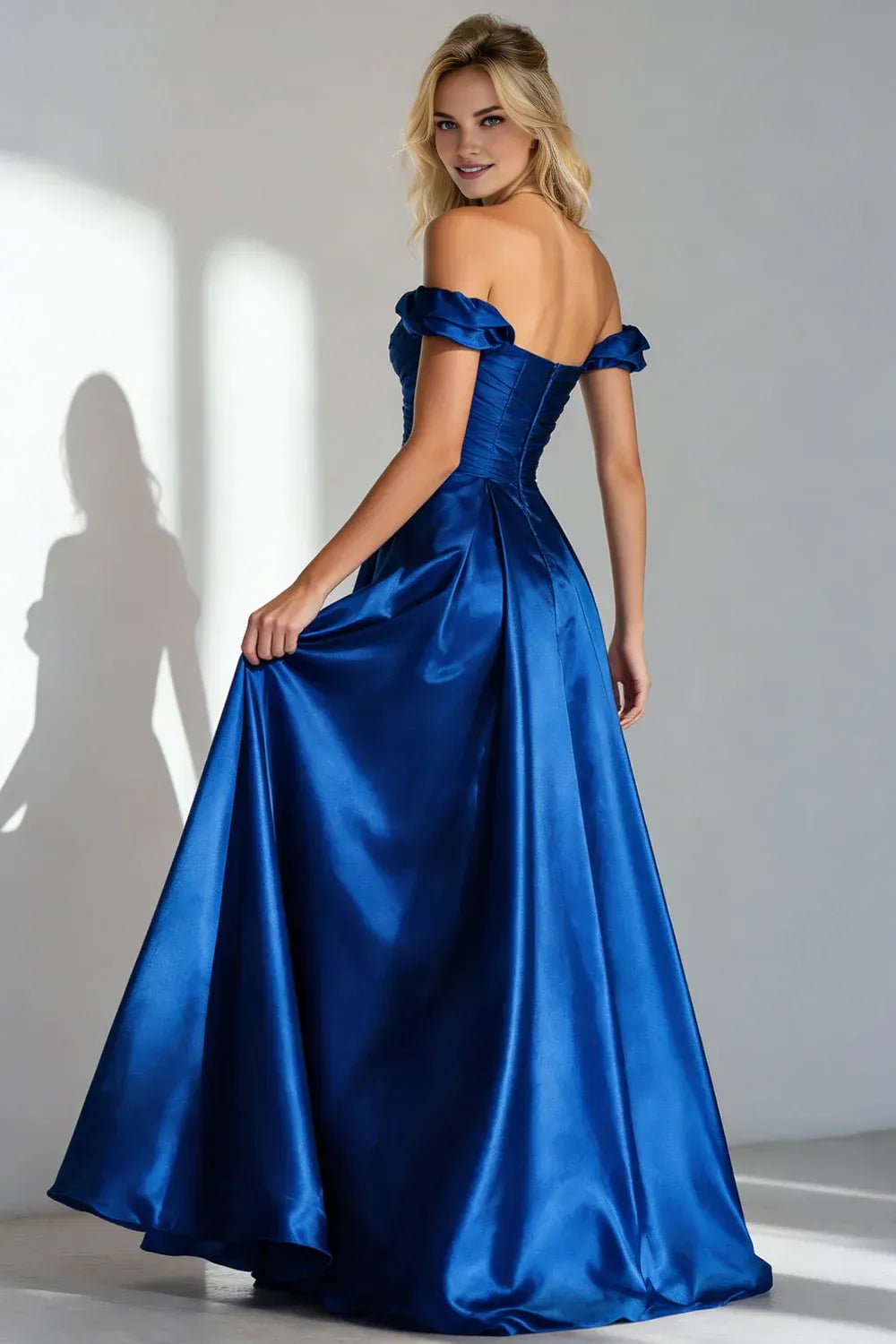 Elegant A Line Off the Shoulder Sleeveless Backless Ruched Floor-Length Prom Dress