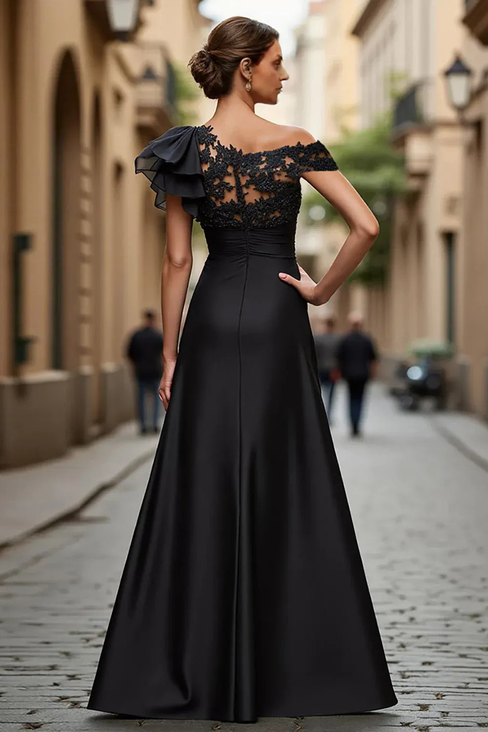 Elegant A Line One Shoulder Cap Sleeve Sheer Back Floor-Length Mother of the Bride Dress