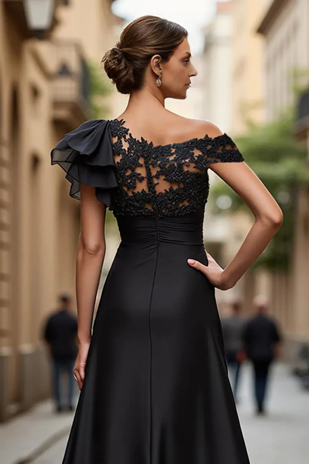 Elegant A Line One Shoulder Cap Sleeve Sheer Back Floor-Length Mother of the Bride Dress