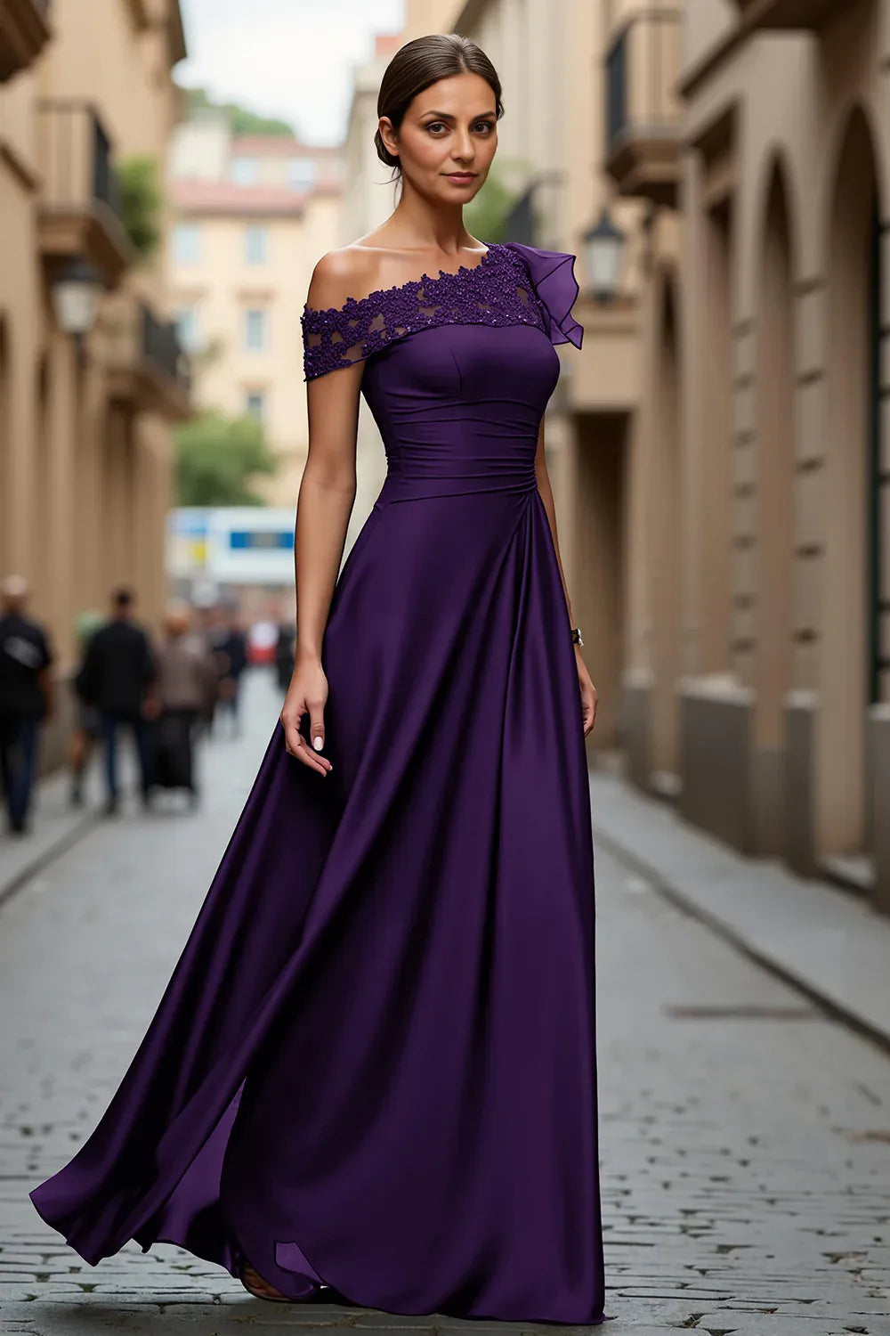 Elegant A Line One Shoulder Cap Sleeve Sheer Back Floor-Length Mother of the Bride Dress