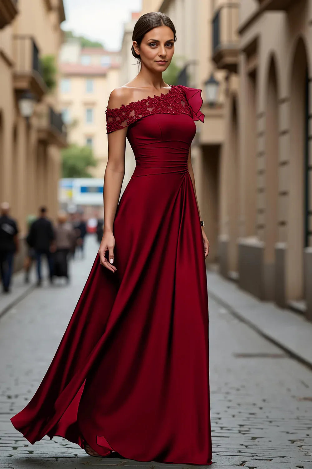 Elegant A Line One Shoulder Cap Sleeve Sheer Back Floor-Length Mother of the Bride Dress
