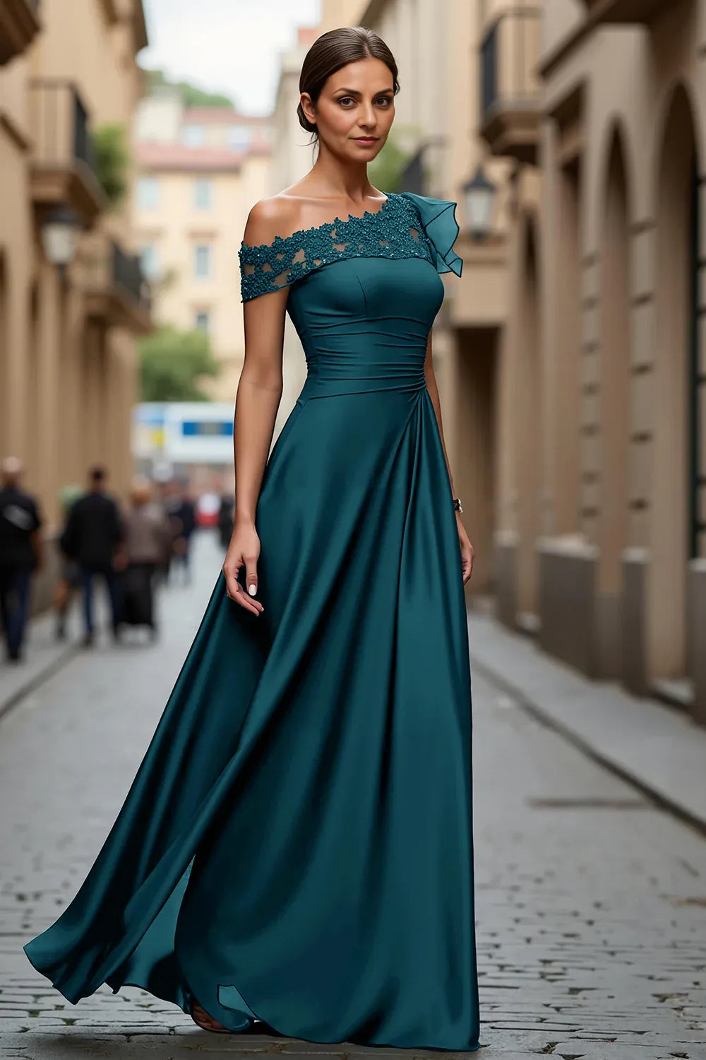 Elegant A Line One Shoulder Cap Sleeve Sheer Back Floor-Length Mother of the Bride Dress