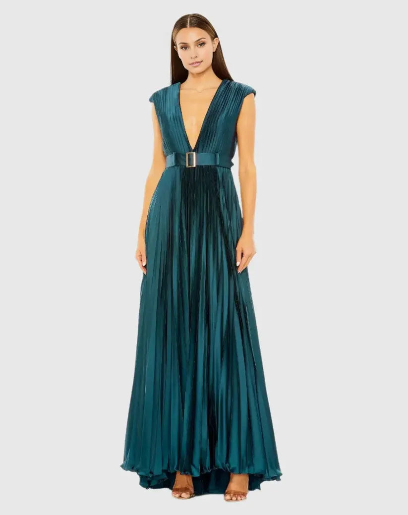 Elegant A Line Plunge Neck Cap Sleeve Zipper Up Floor-Length Prom Dress