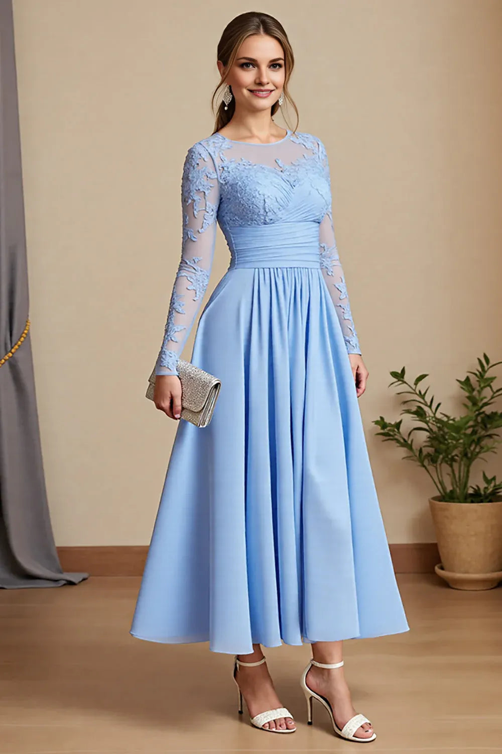 Elegant A Line Scoop-Neck Long Sleeve Sheer Back Ankle-Length Mother of the Bride Dress