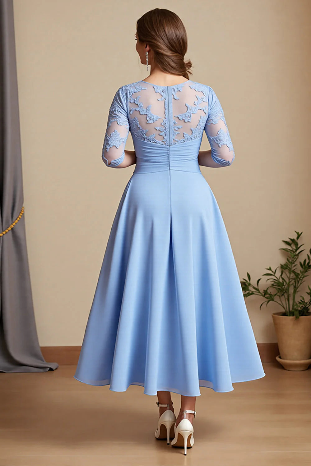 Elegant A Line Scoop-Neck Long Sleeve Sheer Back Ankle-Length Mother of the Bride Dress