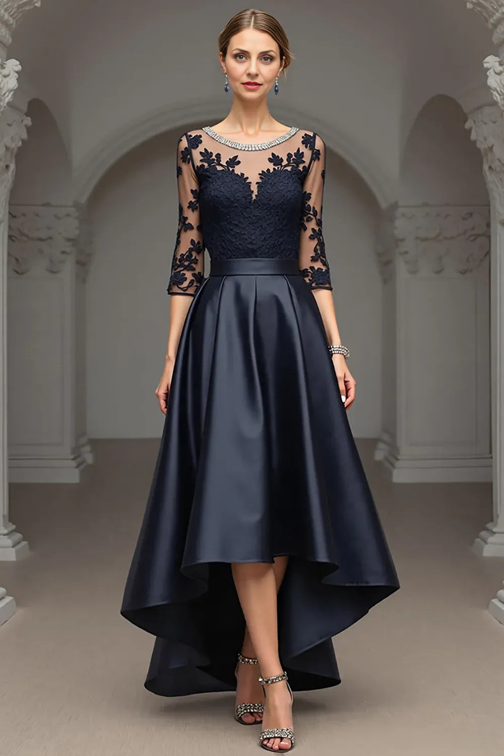 Elegant A Line Scoop Neck Long Sleeve Sheer Back Floor-Length Mother of the Bride Dress