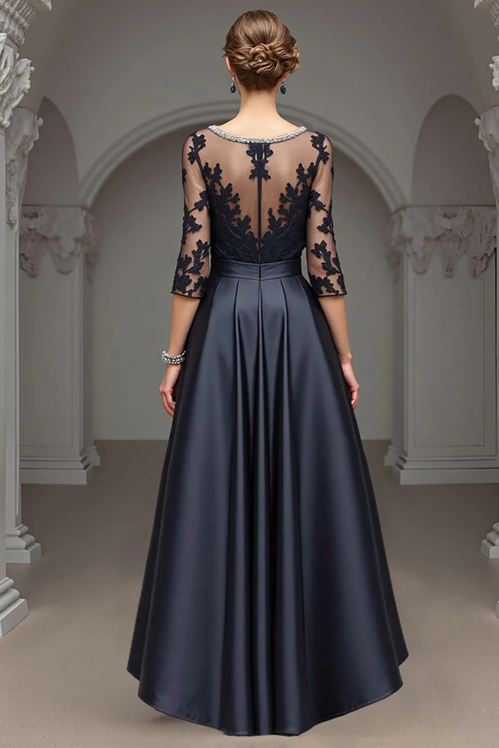 Elegant A Line Scoop Neck Long Sleeve Sheer Back Floor-Length Mother of the Bride Dress