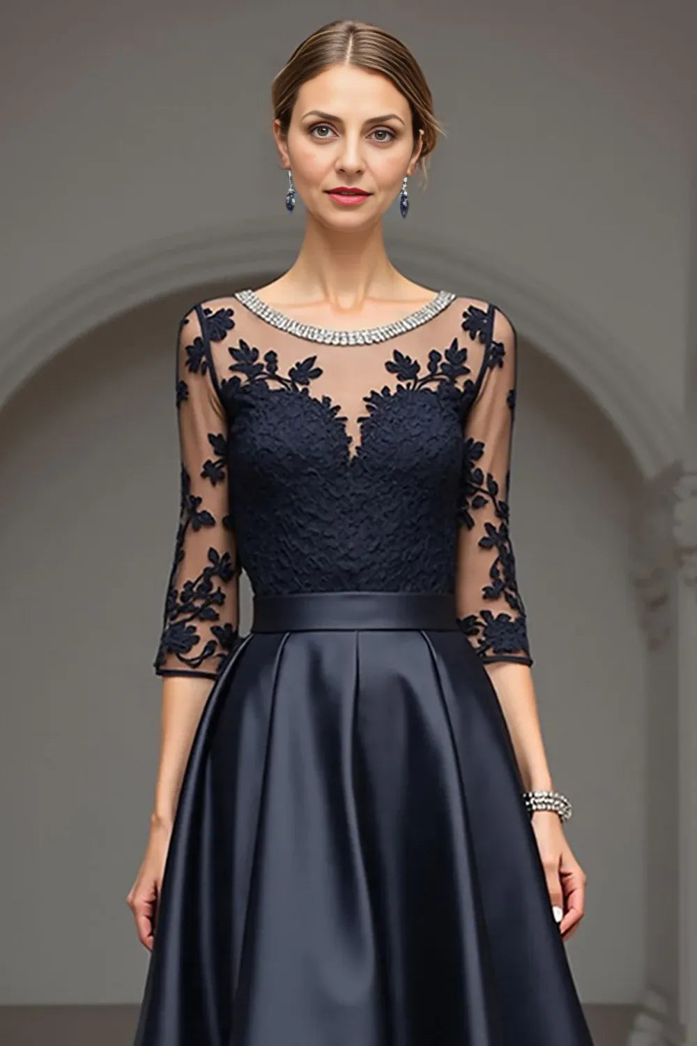 Elegant A Line Scoop Neck Long Sleeve Sheer Back Floor-Length Mother of the Bride Dress