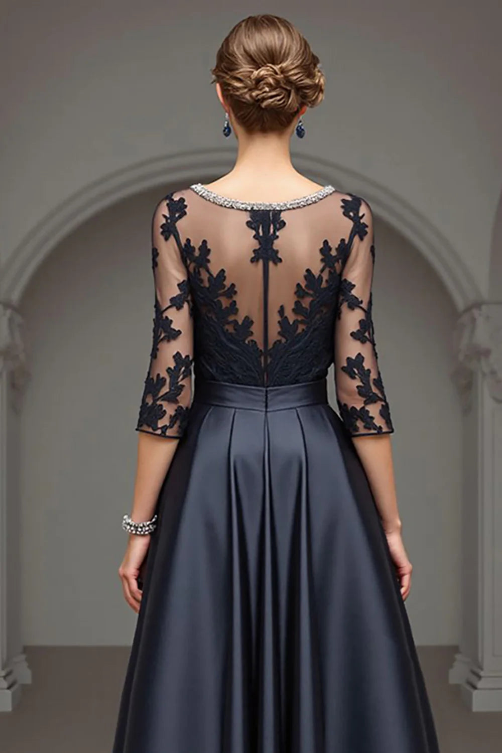 Elegant A Line Scoop Neck Long Sleeve Sheer Back Floor-Length Mother of the Bride Dress