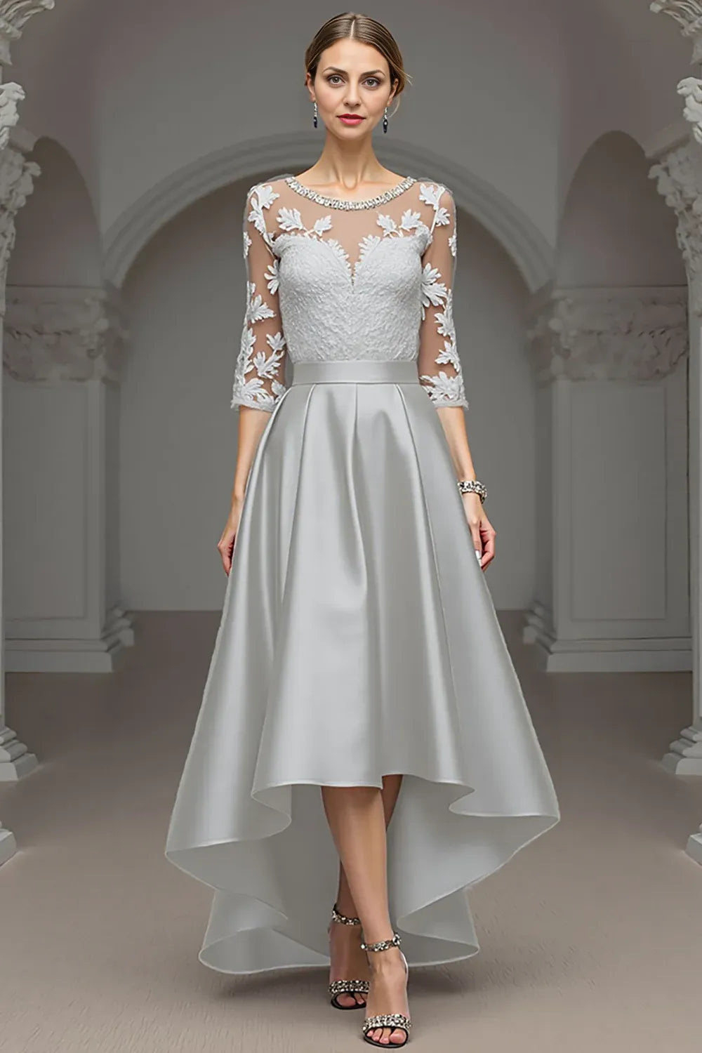 Elegant A Line Scoop Neck Long Sleeve Sheer Back Floor-Length Mother of the Bride Dress