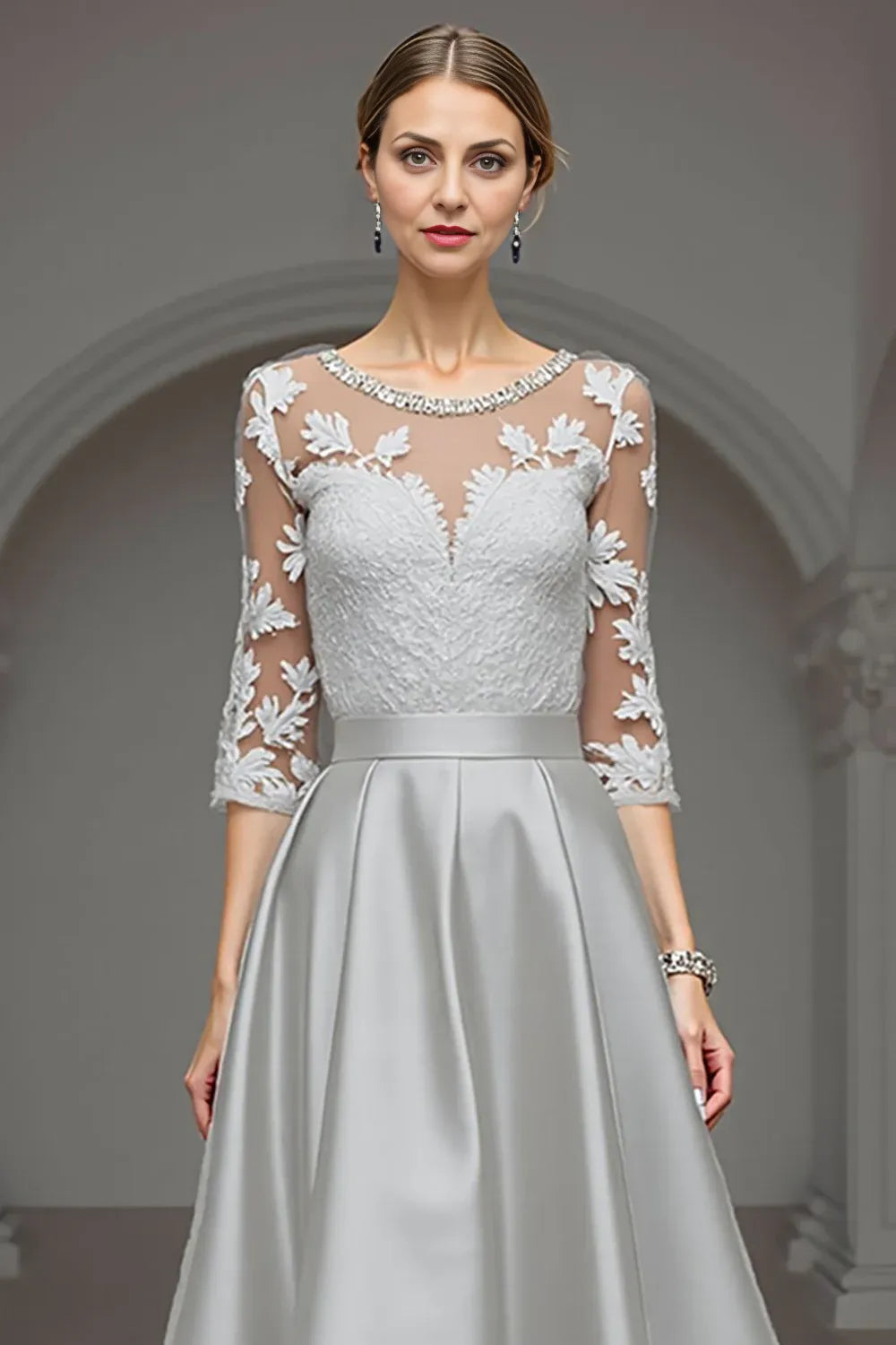 Elegant A Line Scoop Neck Long Sleeve Sheer Back Floor-Length Mother of the Bride Dress