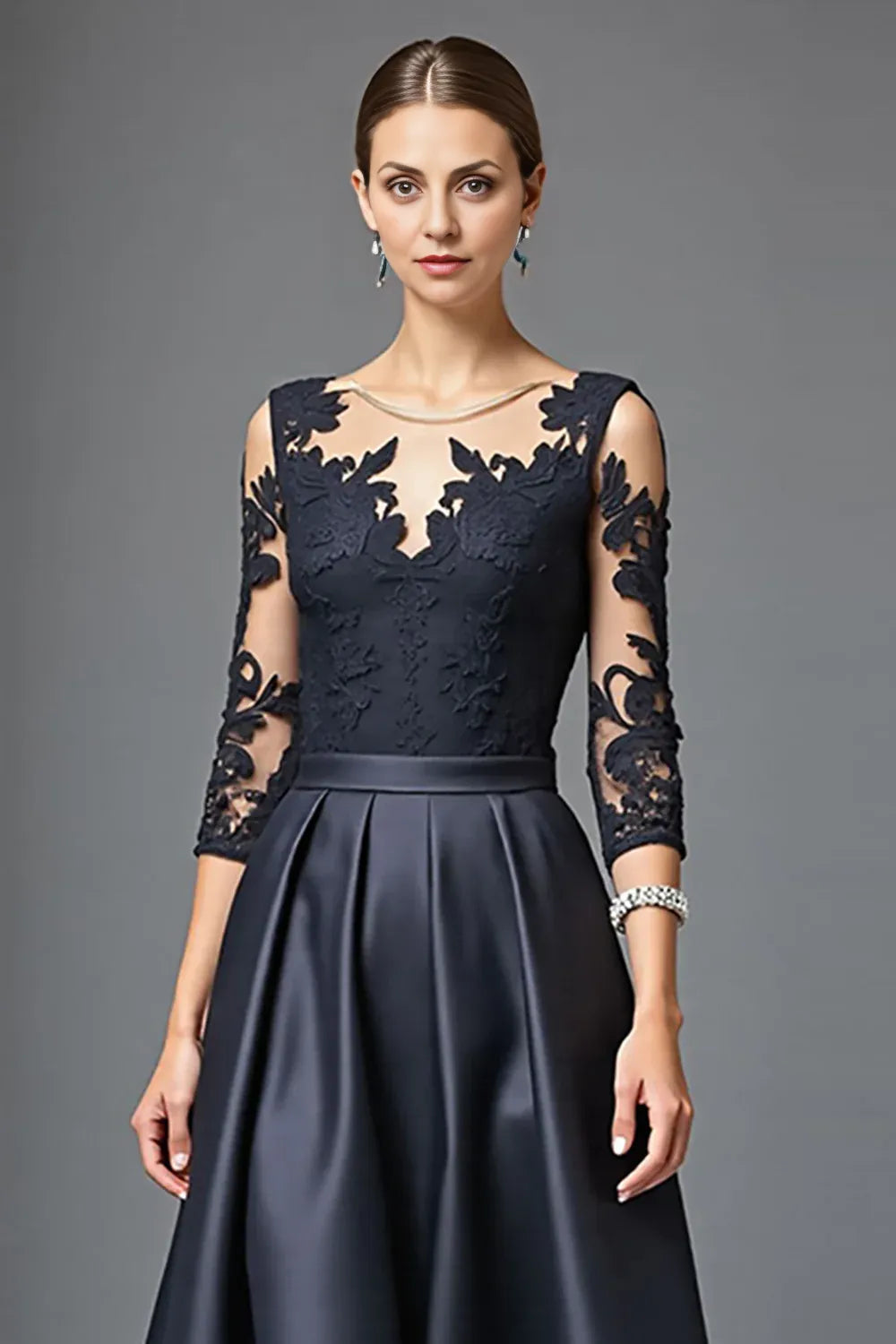 Elegant A Line Scoop Neck Long Sleeve Zipper Up Floor-Length Mother of the Bride Dress