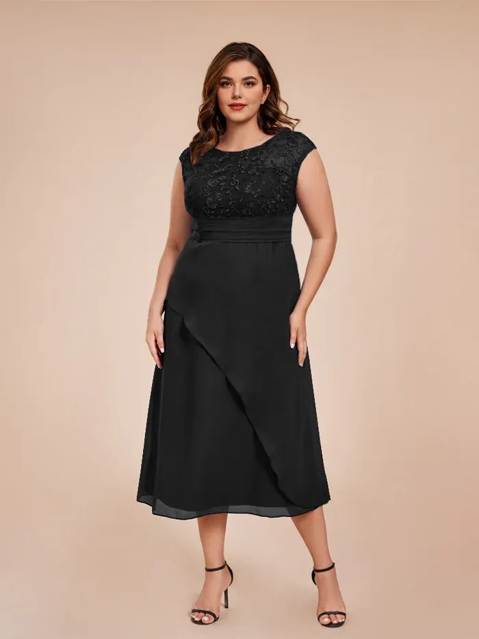 Elegant A Line Scoop Cap Sleeves Chiffon Floor-Length Plus Size Mother of the Bride Dress
