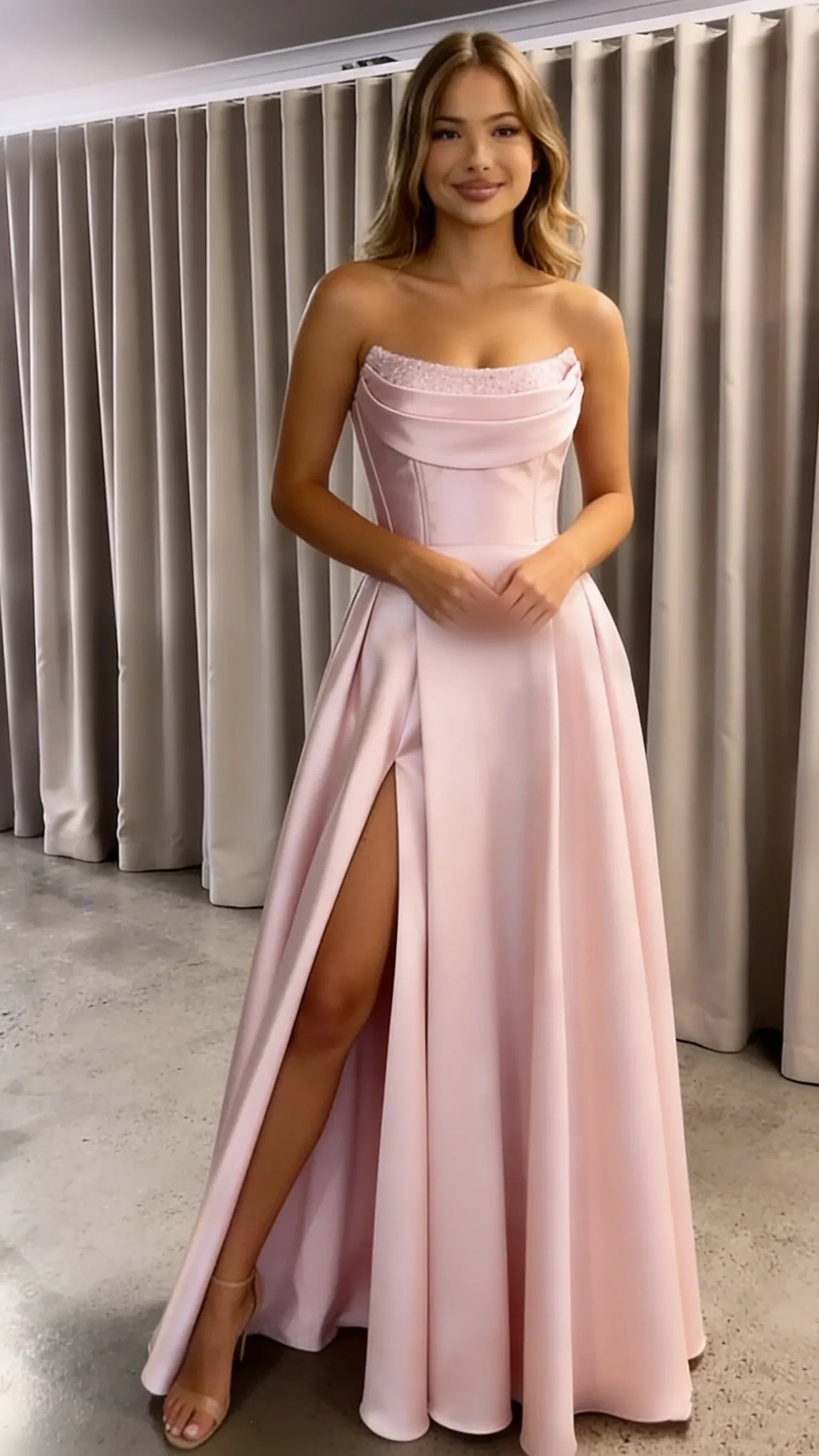 Elegant A Line Strapless Lace Up Back Satin Floor Length Prom Dress