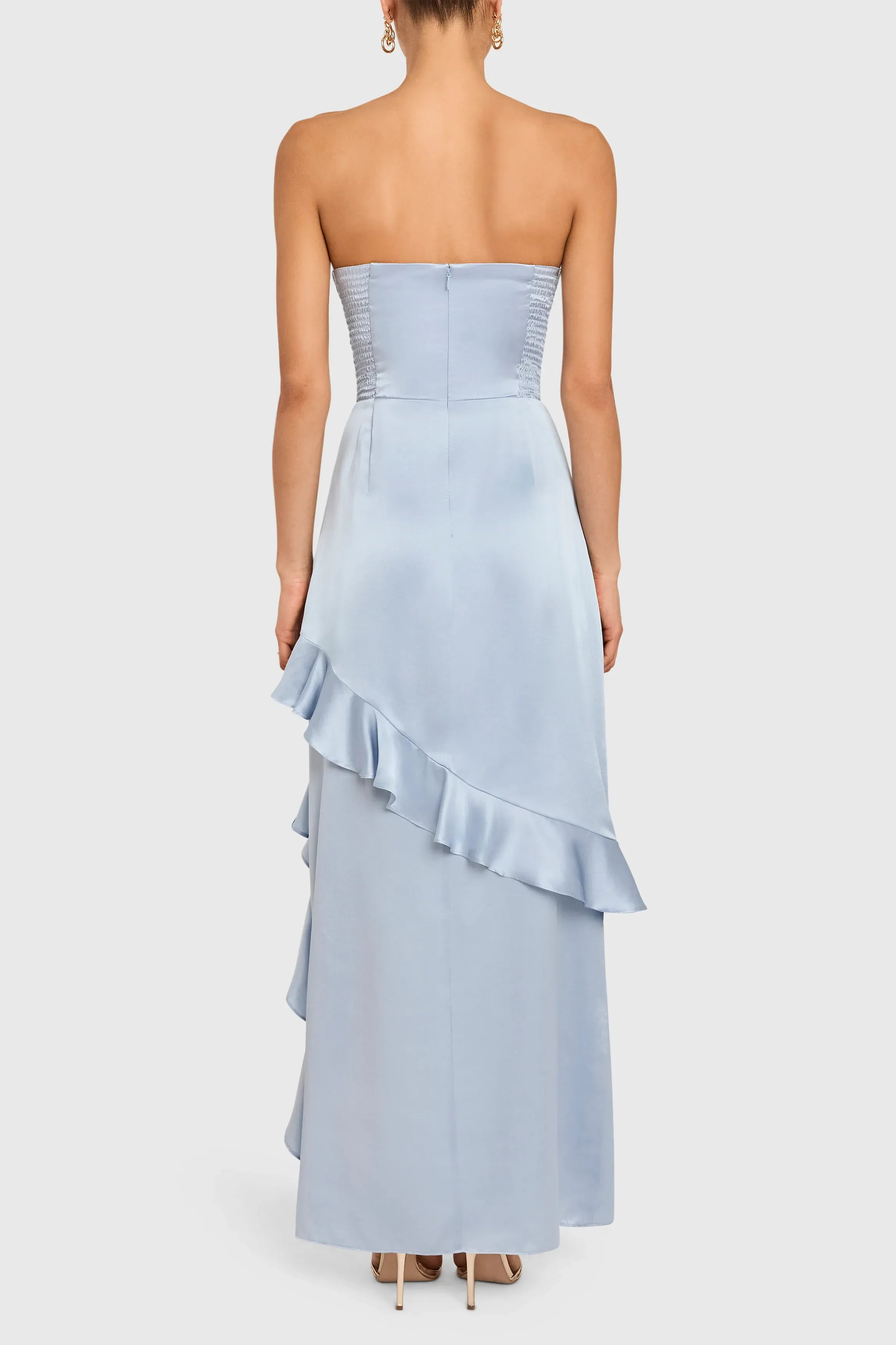 Elegant A Line Strapless Ruffle High Low Satin Maxi Prom Dress