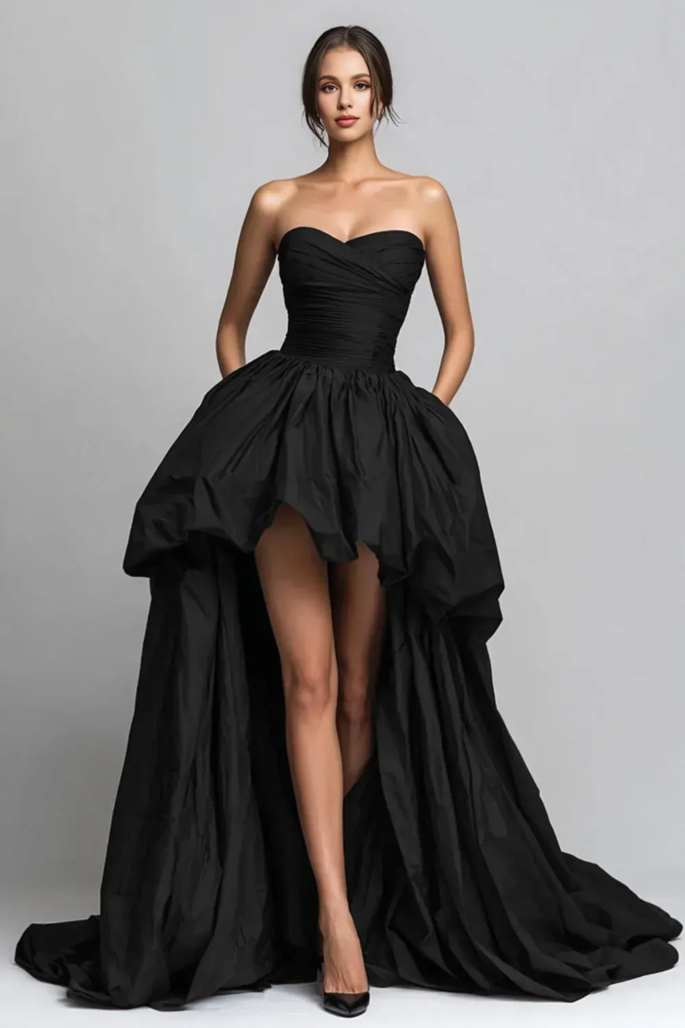 Elegant Ball Gown Strapless Sleeveless Satin Pleated High-Low Prom Dress