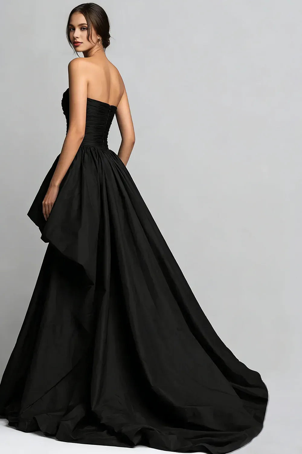 Elegant Ball Gown Strapless Sleeveless Satin Pleated High-Low Prom Dress
