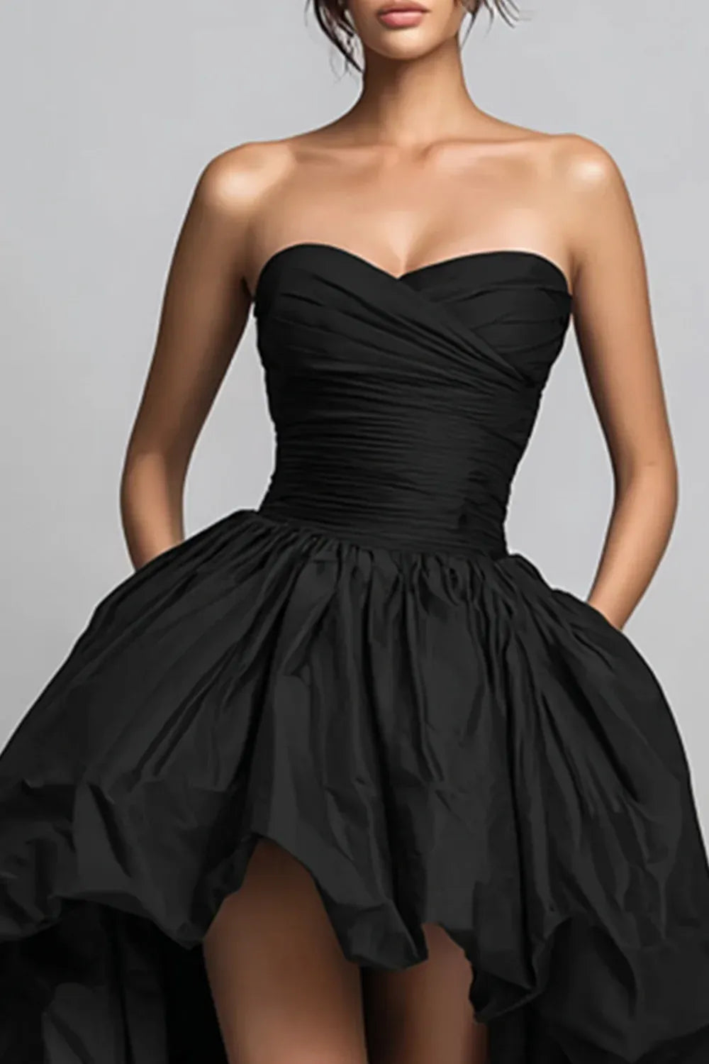 Elegant Ball Gown Strapless Sleeveless Satin Pleated High-Low Prom Dress