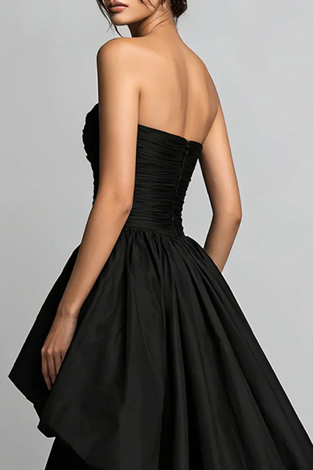 Elegant Ball Gown Strapless Sleeveless Satin Pleated High-Low Prom Dress