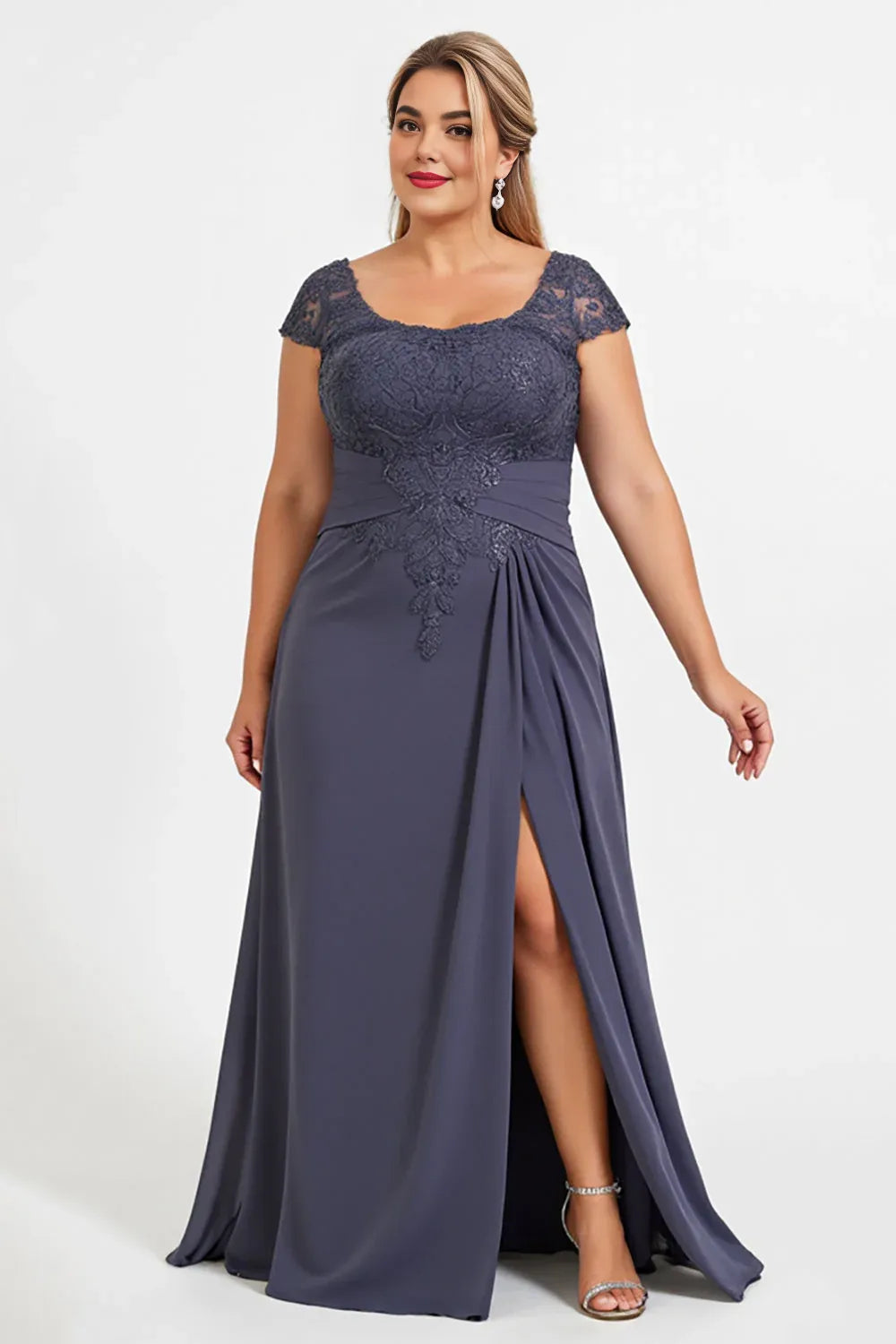 Elegant A Line U Neck Cap Sleeves Backless Floor-Length Plus Size Mother of the Bride Dress