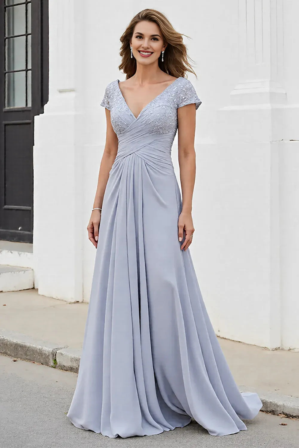 Elegant A Line V-Neck Cap Sleeve V Back Sweep/Brush Train Mother of the Bride Dress